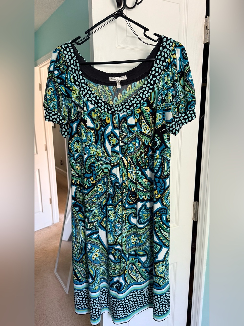 London Style Teal & Navy Paisley Scoop-Neck Dress, Size 14